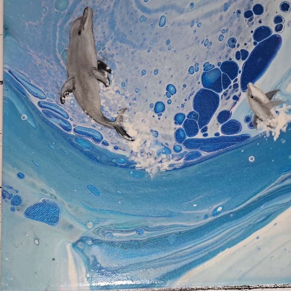 SOLD Hand Crafted Dolphins Acrylic Painting Original Fluid Wall Art Essential - Picture 5 of 9
